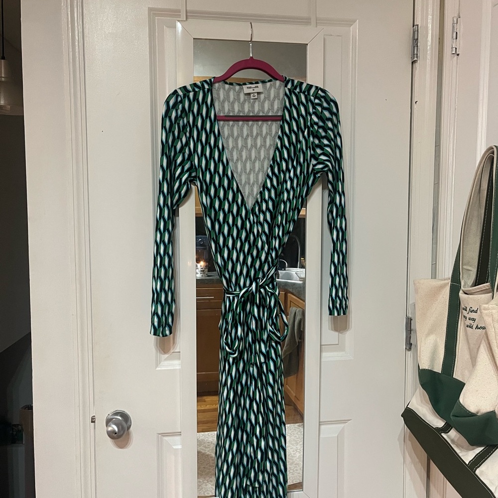 DVF for Target Long Sleeve Wrap Dress in Teal Geometric Print